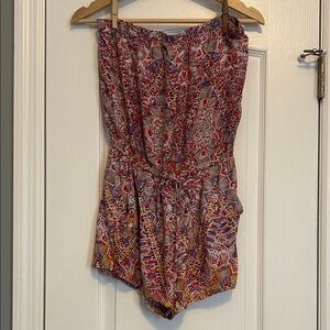 Angie Multicolor geometric strapless romper with drawstring waistband and pocket